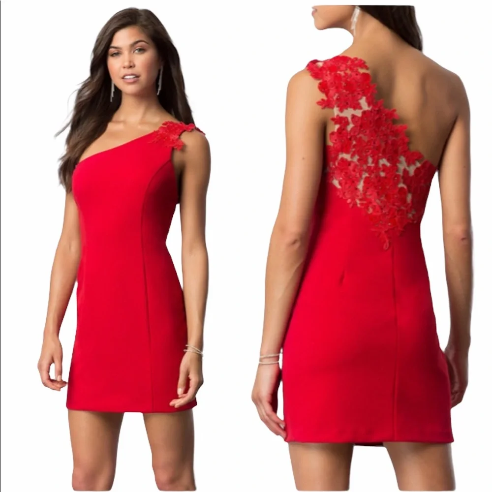 Dear Moon One Shoulder Dress with Rhinestone-Embellished Floral-Lace Appliqué - Picture 8 of 8